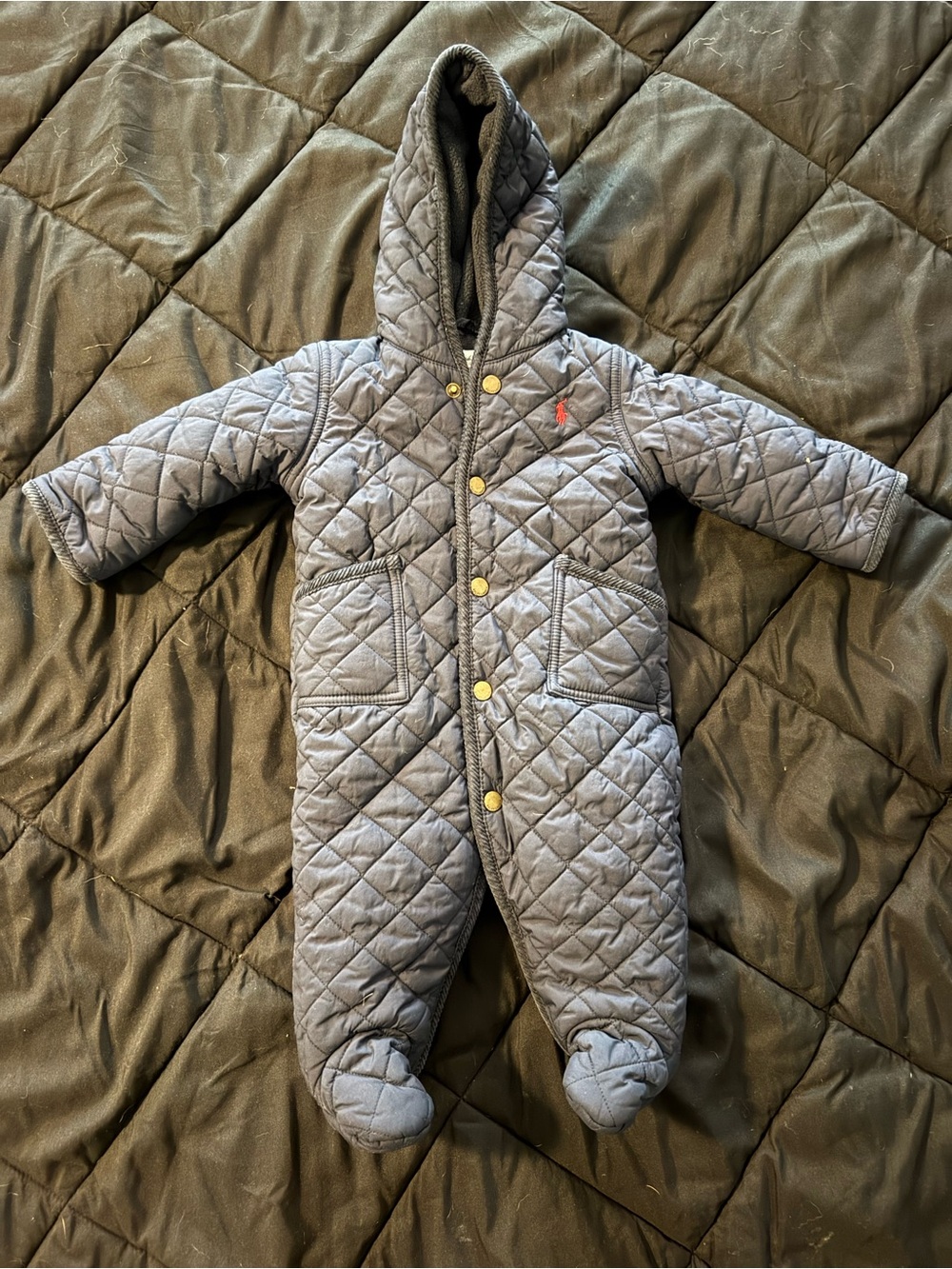 {RALPH LAUREN} Navy Blue Quilted Hooded Baby One-Piece Snowsuit - 6M